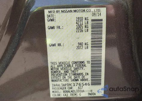 2015 Nissan Altima 2.5 Sv z USA, uszkodzony, nr VIN 1N4AL3AP3FC176546